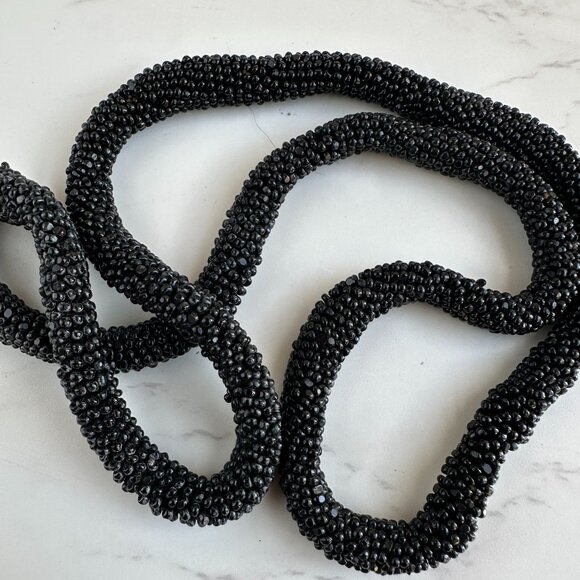 Black Beaded Rope Necklace, Woven Seed Beads, 22 Inch, Glass Bead Crochet - Picture 8 of 9